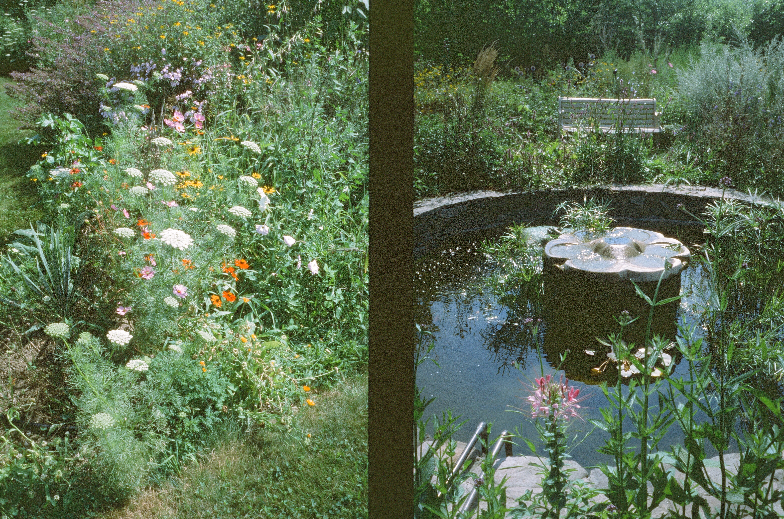 wildflowers grow next to a fountain with a flower shaped sculpture