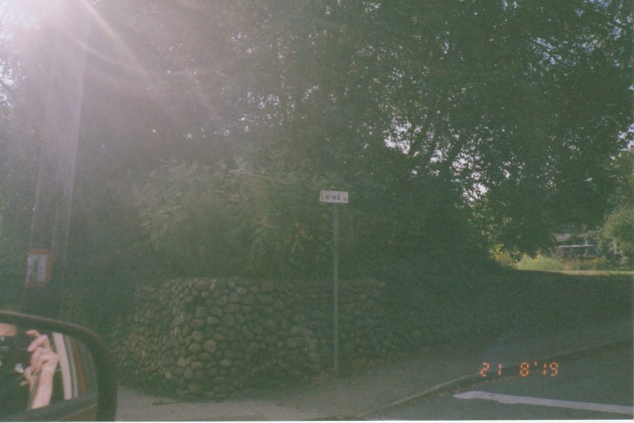 street sign reads look with eyes in place of ohs and photographer is visible in car mirror